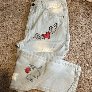 Embroidered Light Wash Jeans with Heart and Wings